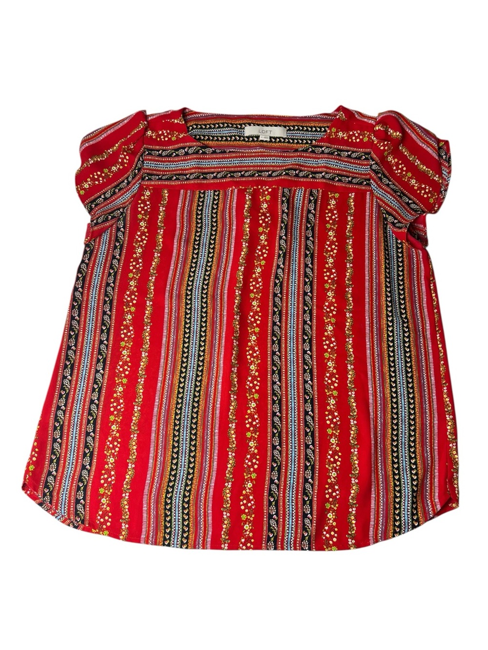 LOFT Size Medium Red Multi-Stripe Flutter Sleeve Flowy Boho Floral Print Top